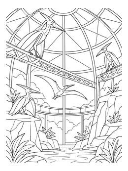 Prehistoric pterosaurs perch in a dome enclosure in this park coloring page.