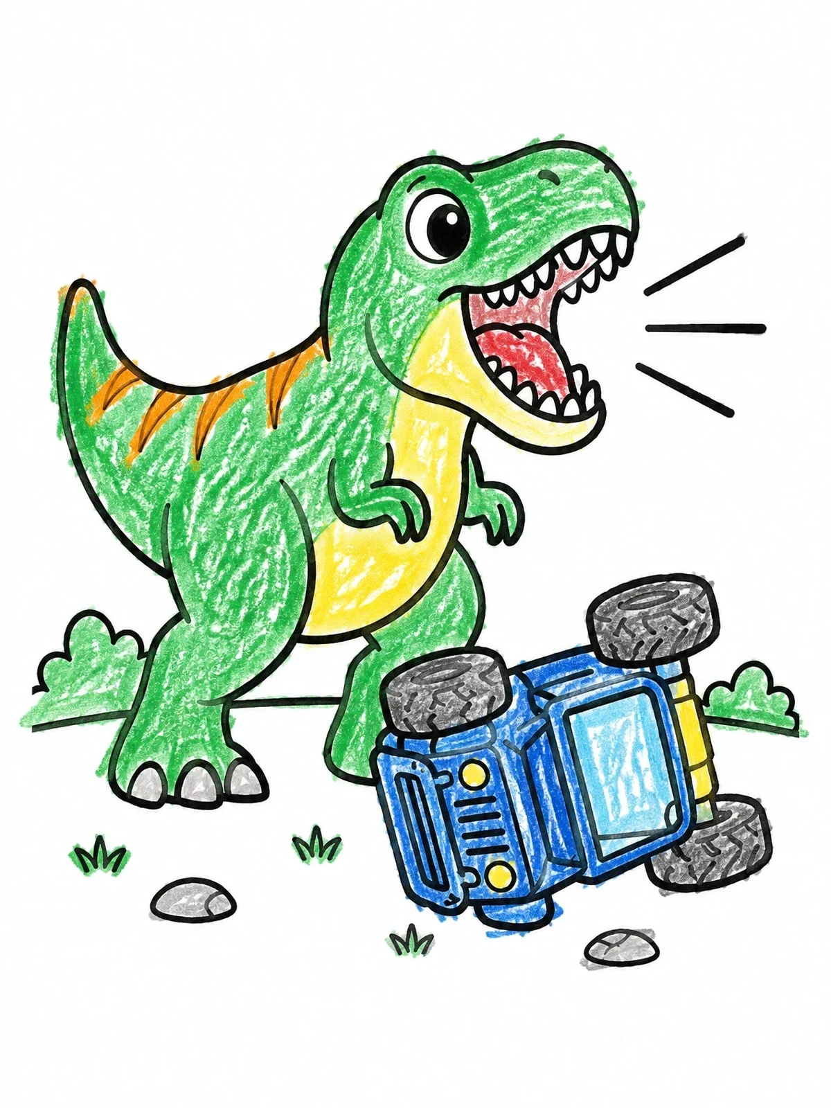 Colored example of the Roaring Dinosaur By An Overturned Jeep coloring page