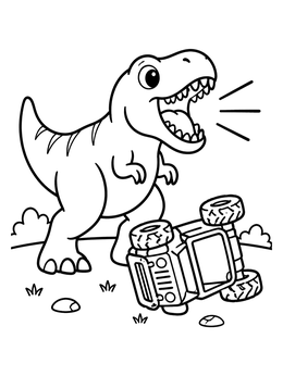 A friendly cartoon dinosaur roars beside a fallen car in this park coloring page.