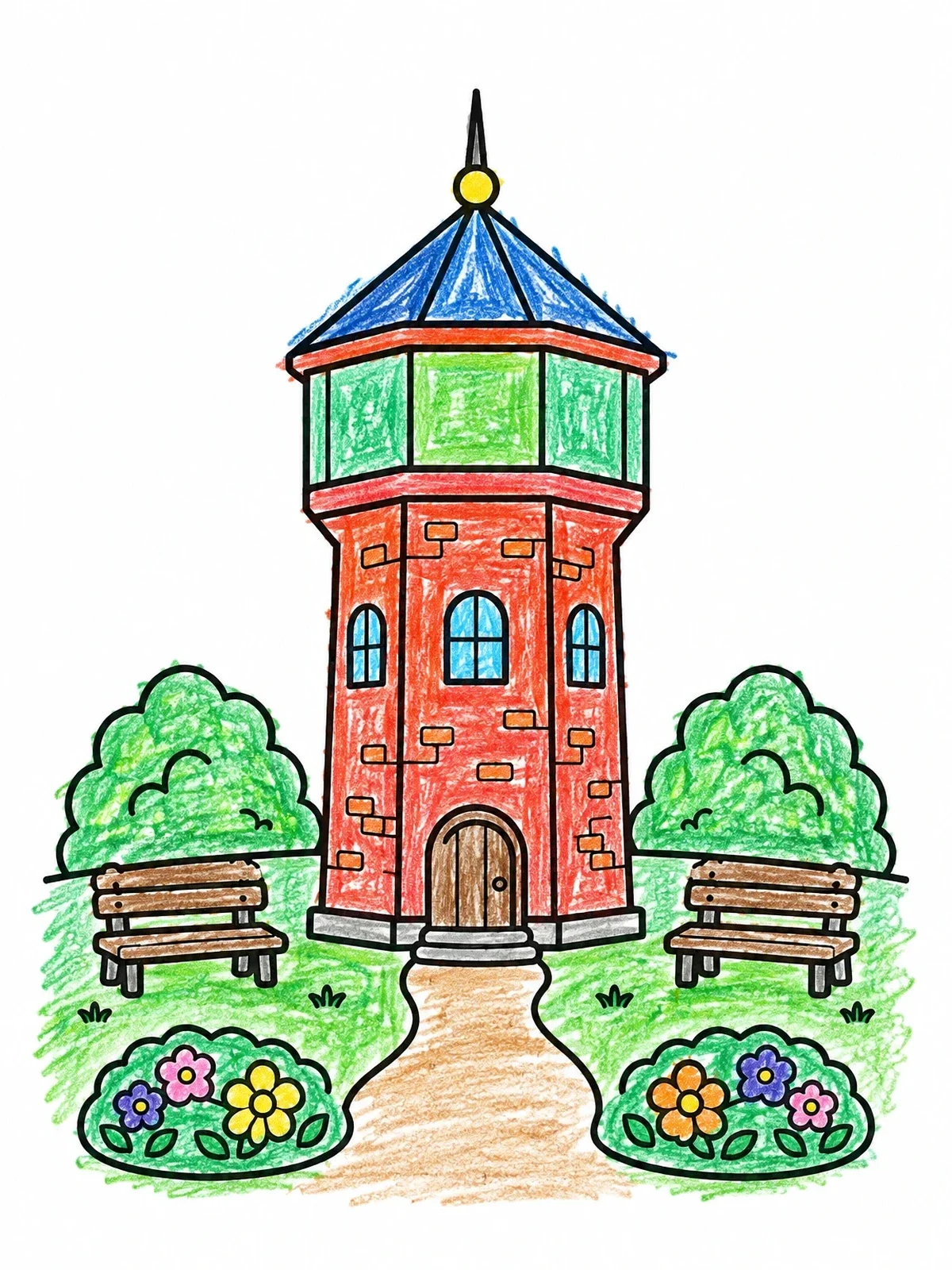 Colored example of the Park Water Tower With Benches coloring page