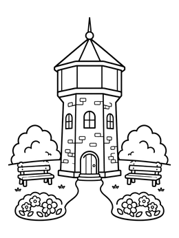 Free printable Park Water Tower With Benches coloring page