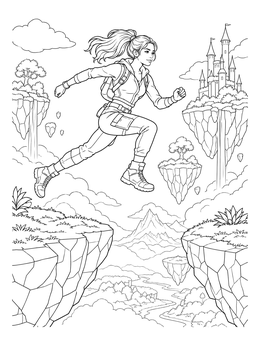Free printable Adventurer Leaping Between Floating Cliffs coloring page