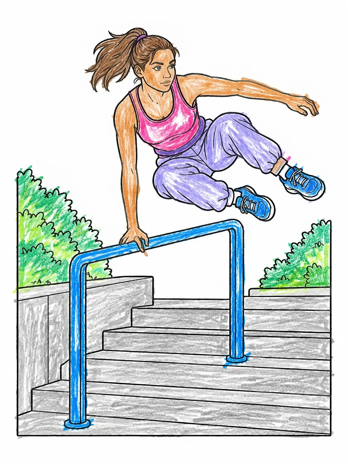 Colored example of the Parkour Athlete Vaulting Over Handrail coloring page