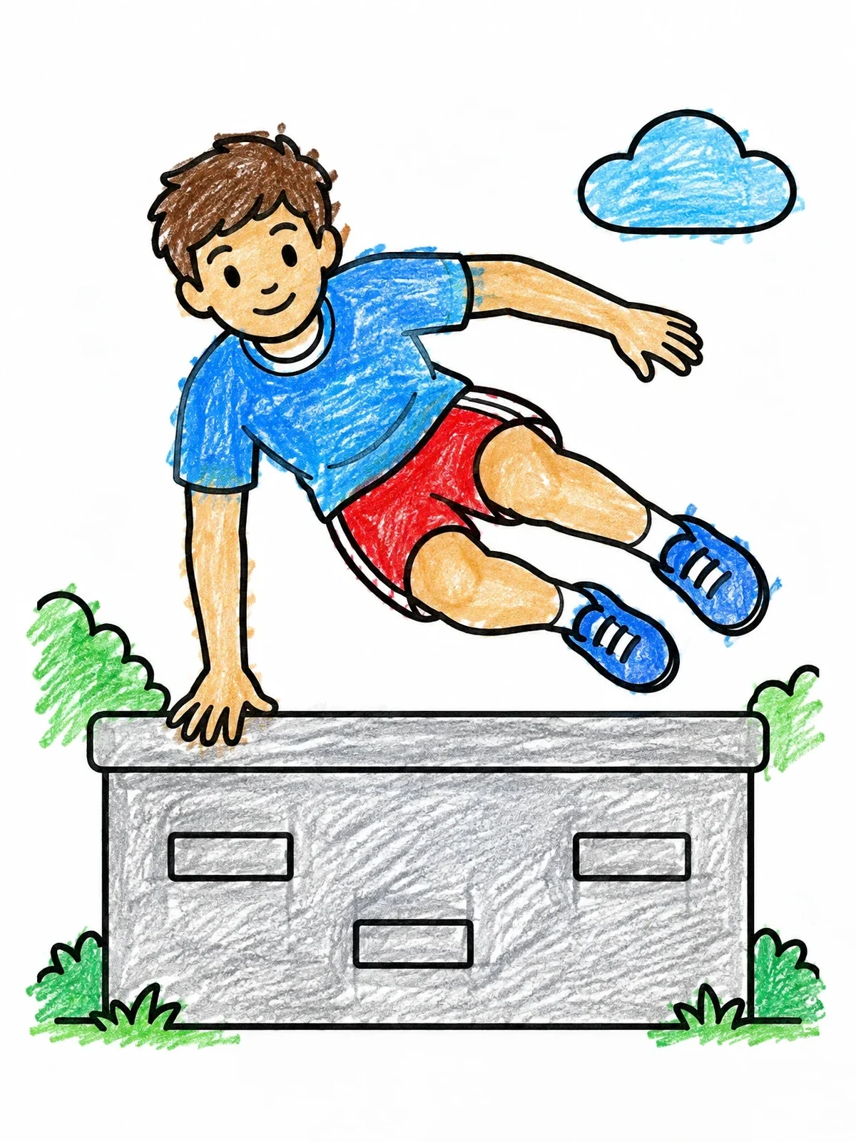 Colored example of the Boy Vaulting Over A Wall coloring page