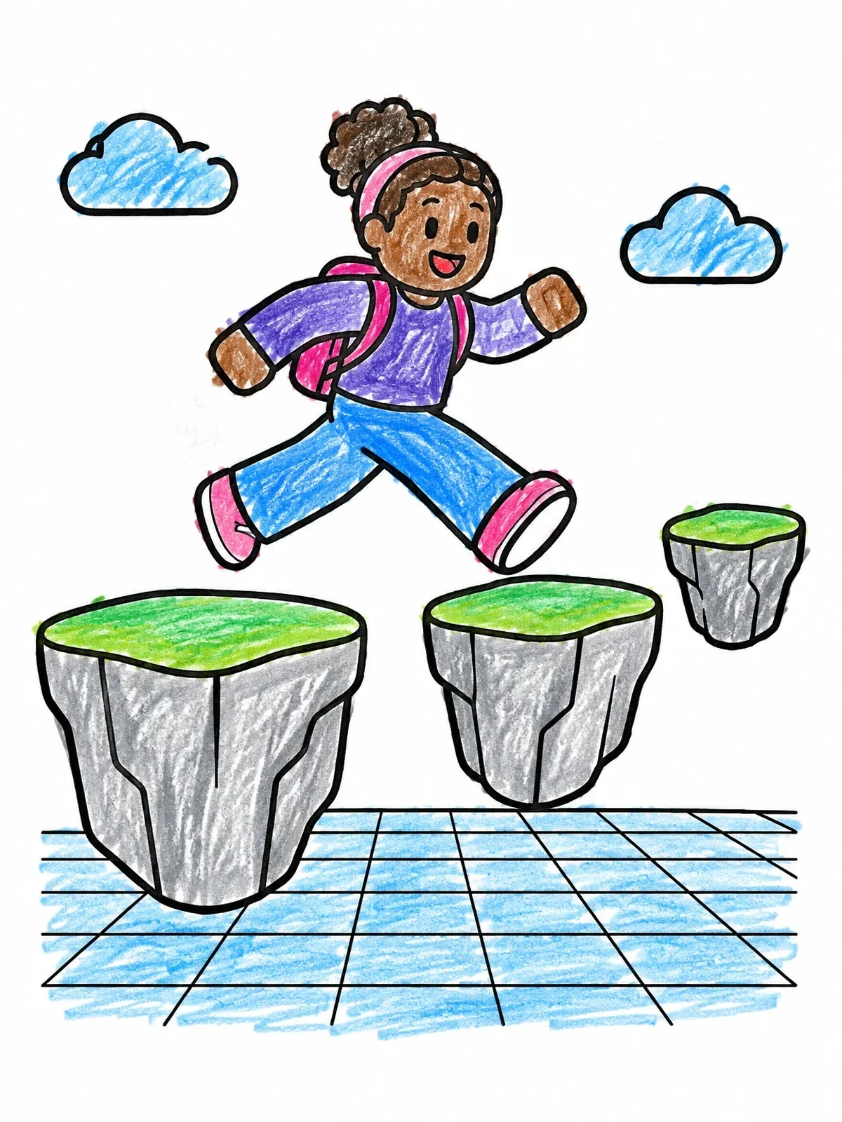 Colored example of the Child Leaping Across Floating Platforms coloring page