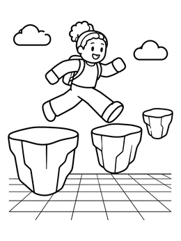 Free printable Child Leaping Across Floating Platforms coloring page