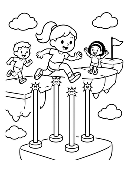 Free printable Kids Jumping Floating Obstacle Course coloring page