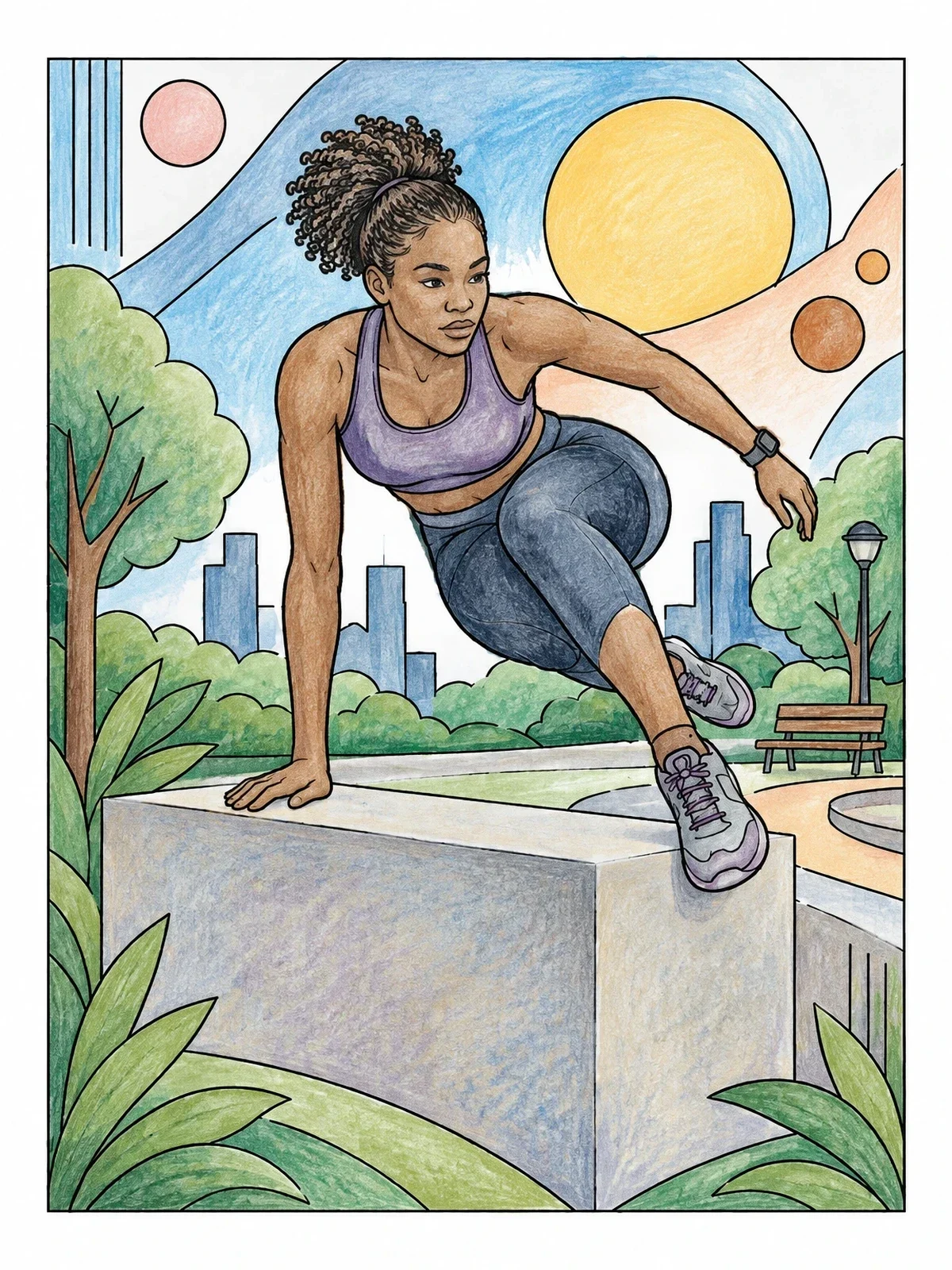 Colored example of the Woman Vaulting Over Park Obstacle coloring page