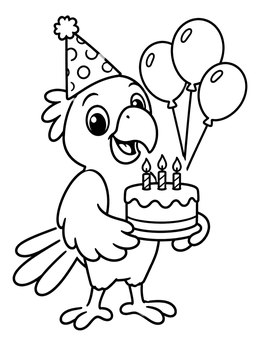 A cheerful parrot coloring page showing the bird holding a birthday cake with candles and balloons.