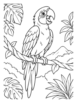 A cheerful parrot coloring page showing a macaw perched on a vine.