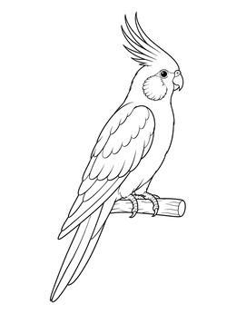 Cockatiel on a branch featured in this parrot coloring page.