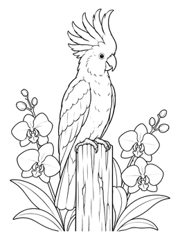 A detailed parrot coloring page featuring a cockatoo on a wooden post with orchids.
