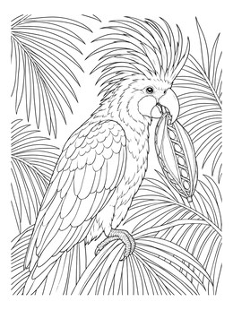 Detailed parrot coloring page showing a crested cockatoo holding a seed pod amid palm leaves.