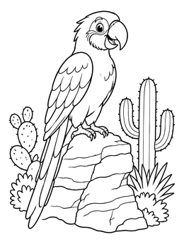 A cheerful parrot coloring page showing a macaw perched on a desert rock beside cacti.