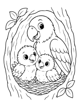 Two cute chicks rest with an adult bird in this cozy parrot coloring page.