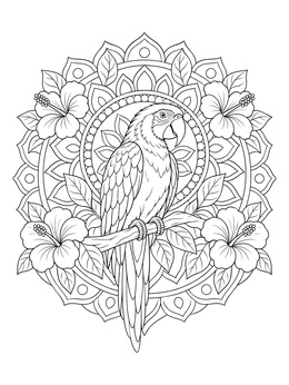 A detailed parrot coloring page featuring hibiscus flowers and a mandala frame.