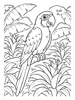 A friendly macaw perches on a branch in this parrot coloring page surrounded by jungle plants.