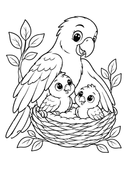 A sweet parrot coloring page featuring a mother bird watching over two nestlings.