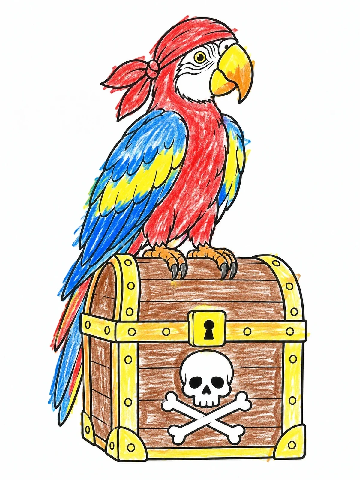 Colored example of the Parrot Perched On Pirate Chest coloring page