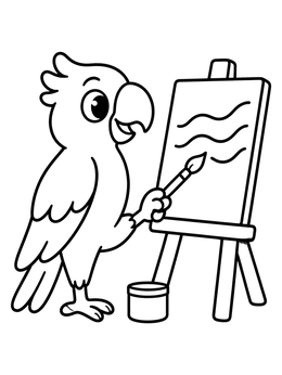 A cute parrot coloring page featuring a bird painting wavy lines on an easel.