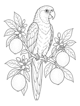 Detailed parrot coloring page featuring a perched bird among lemons, leaves, and blossoms.