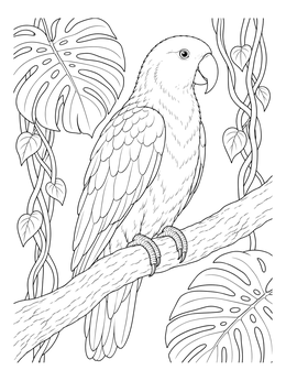 A detailed parrot coloring page featuring a perched bird surrounded by lush tropical monstera foliage.