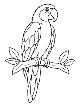 A clear parrot coloring page shows a friendly bird perched quietly on a leafy wooden branch.