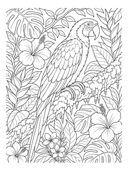 A detailed parrot coloring page featuring a macaw on a mossy branch surrounded by flowers.