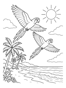 Two macaws soar over the ocean in this rio coloring page with palm trees.