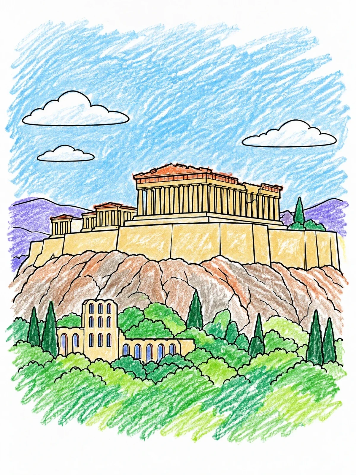 Colored example of the Parthenon Atop The Acropolis Hill coloring page