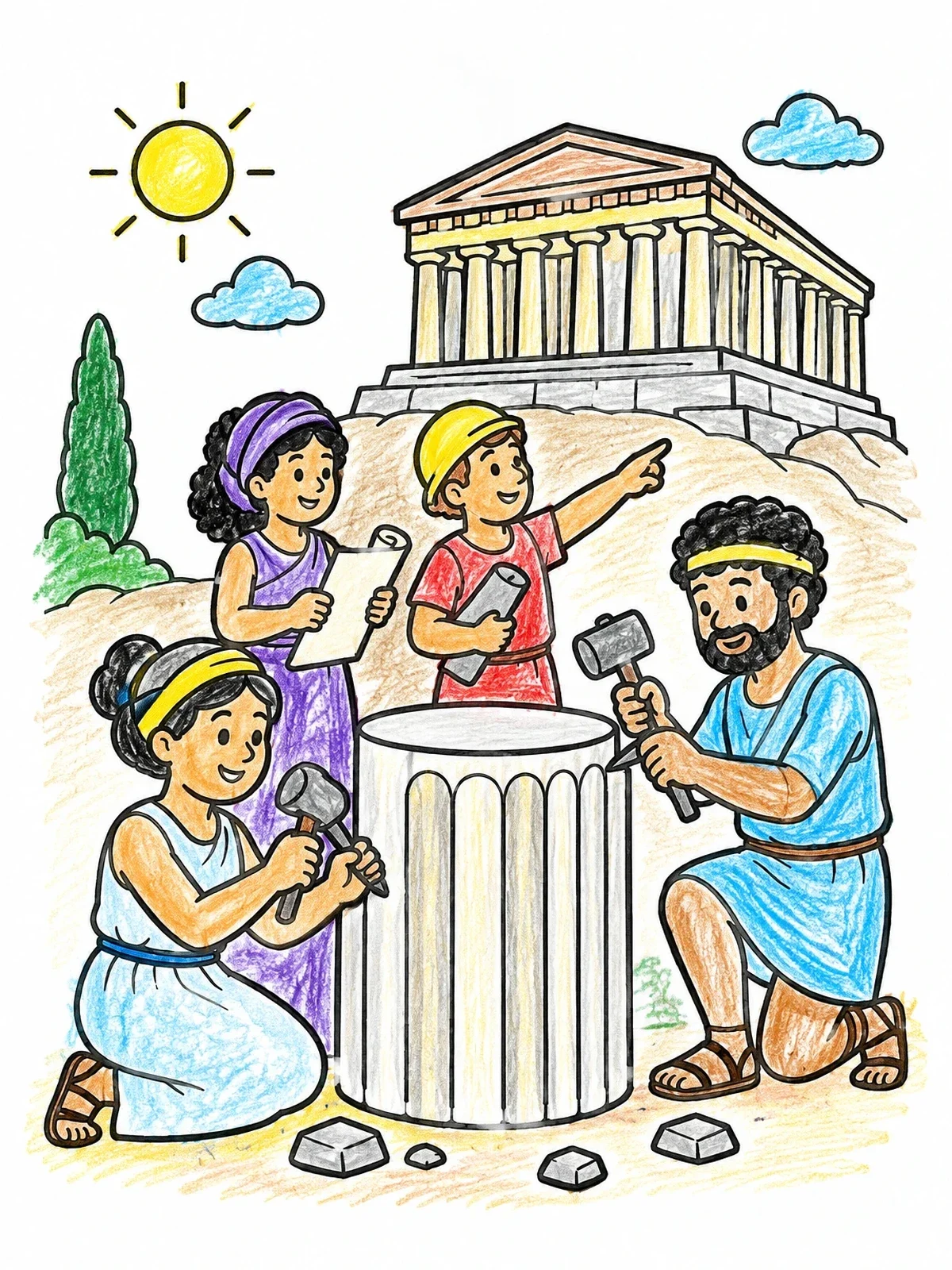 Colored example of the Builders Beside The Parthenon coloring page