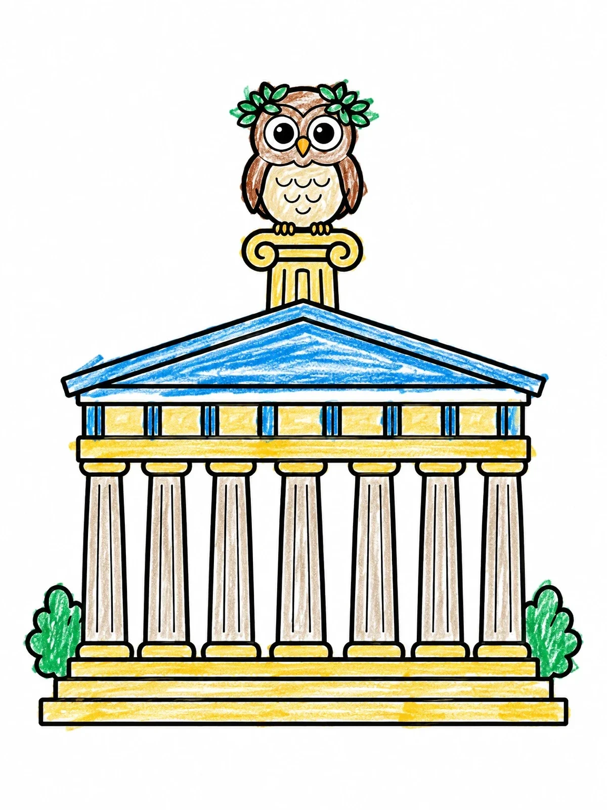 Colored example of the Cute Owl On Ancient Greek Temple coloring page