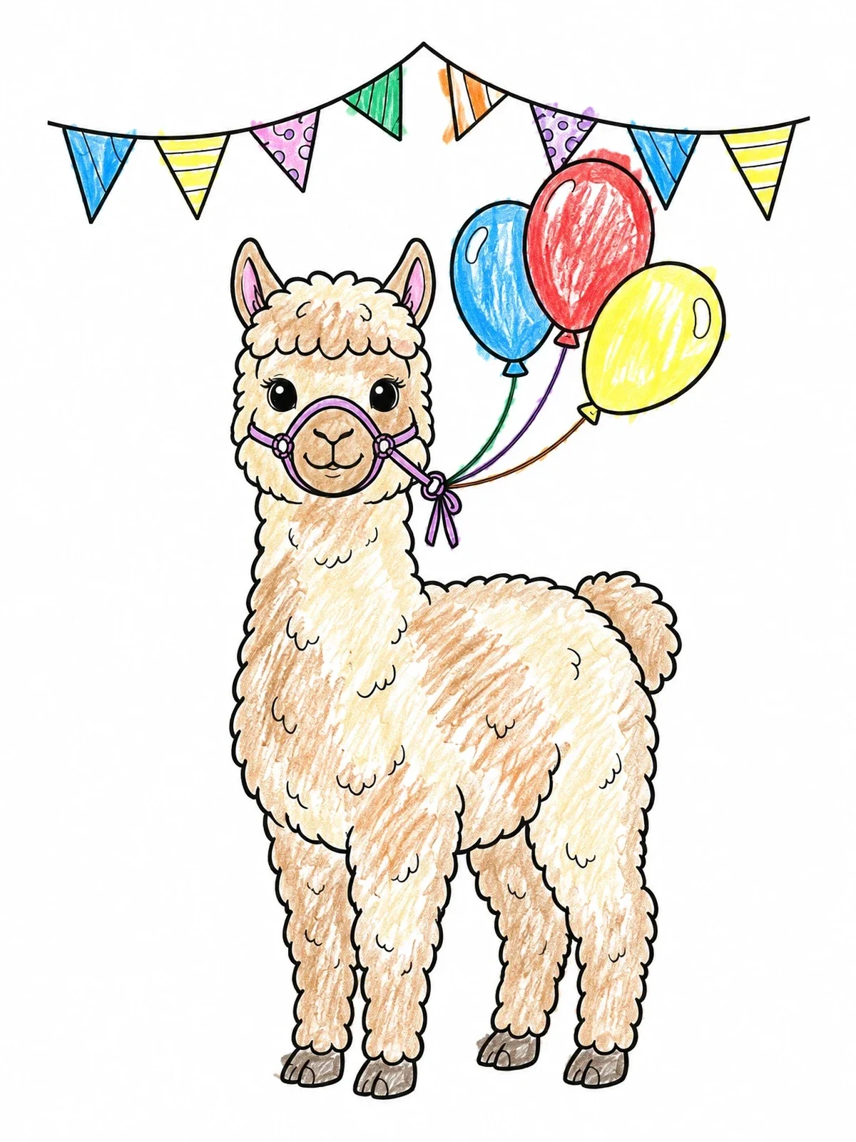 Colored example of the Party Alpaca With Festive Balloons coloring page