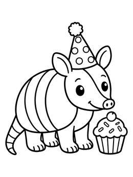 A party armadillo coloring page with a party hat and a sweet cupcake.