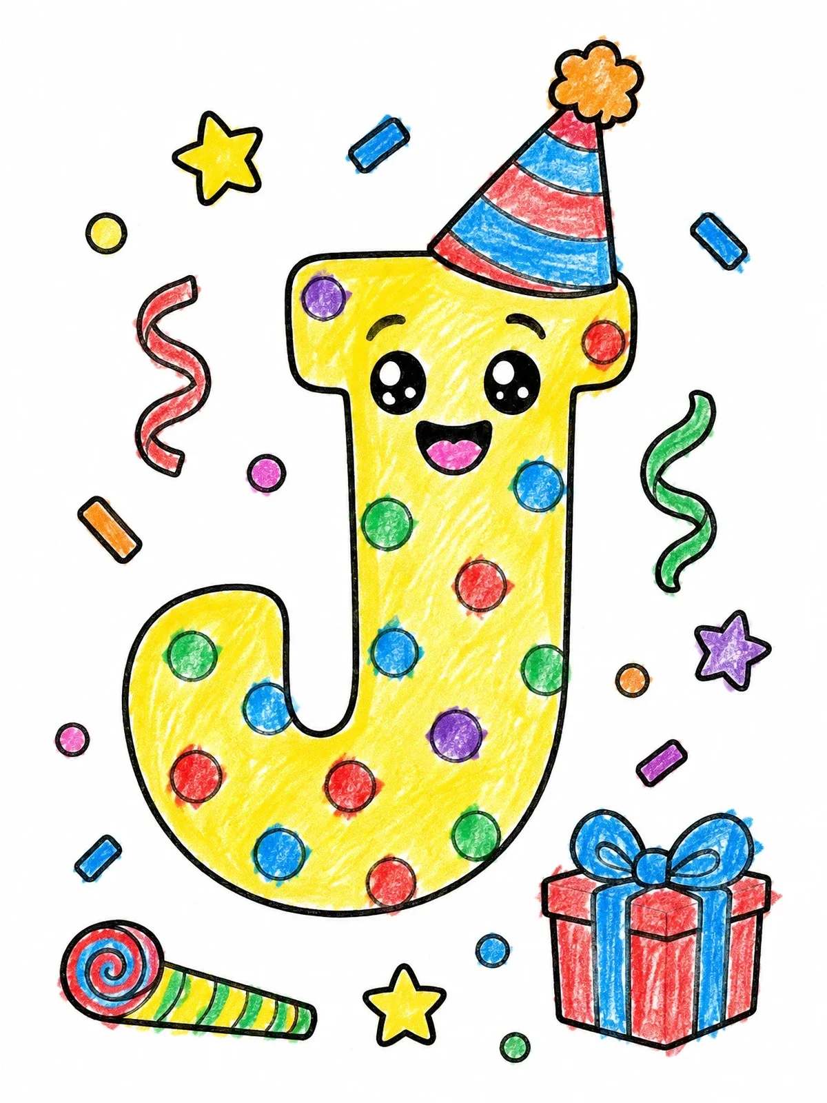 Colored example of the Party Capital Letter J coloring page