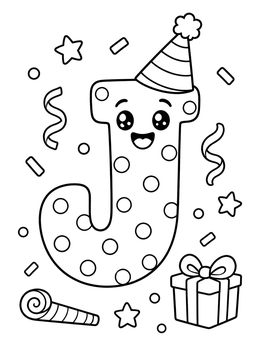 A cheerful letter j coloring page featuring a party hat, polka dots, confetti, and a gift.