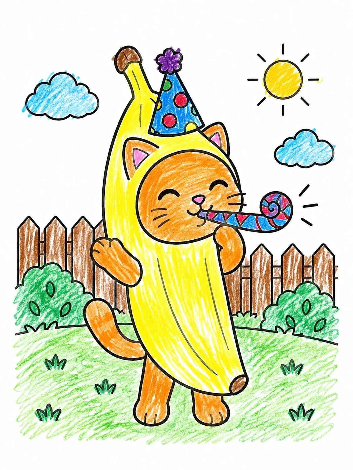 Colored example of the Party Cat In Banana Suit coloring page