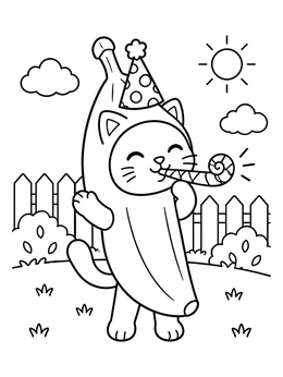 A cheerful cat in a banana suit wearing a party hat on this banana coloring page.