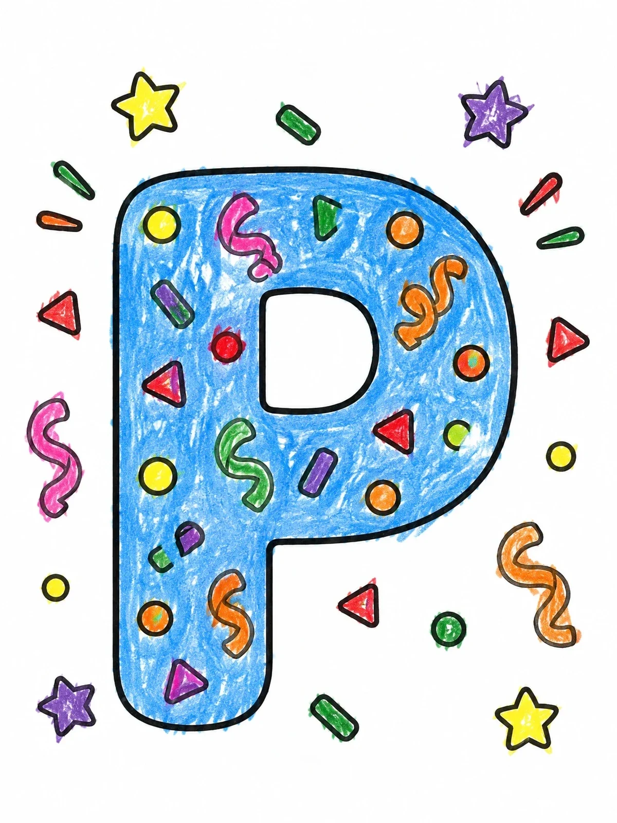 Colored example of the Party Confetti Letter P coloring page