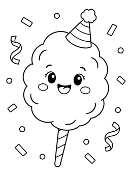 A cheerful cotton candy coloring page with a party hat and falling confetti.