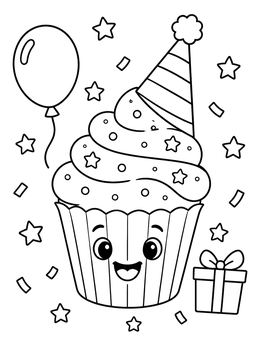 A cheerful party cupcake coloring page with a party hat, balloon, and stars.