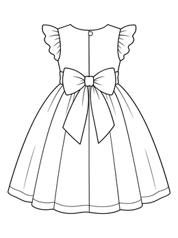 A back view dress coloring page showing a party gown with ruffle sleeves and a large tied sash bow.