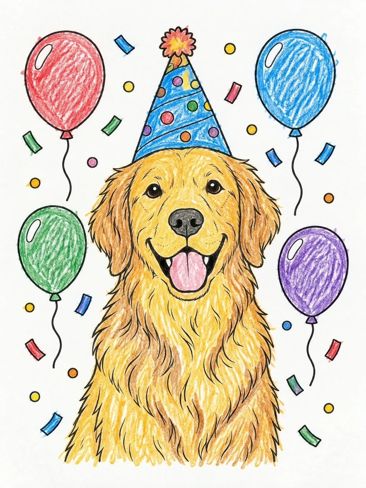 Colored example of the Party Golden Retriever With Balloons coloring page