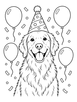 A cheerful golden retriever coloring page with a festive party hat, balloons, and confetti.