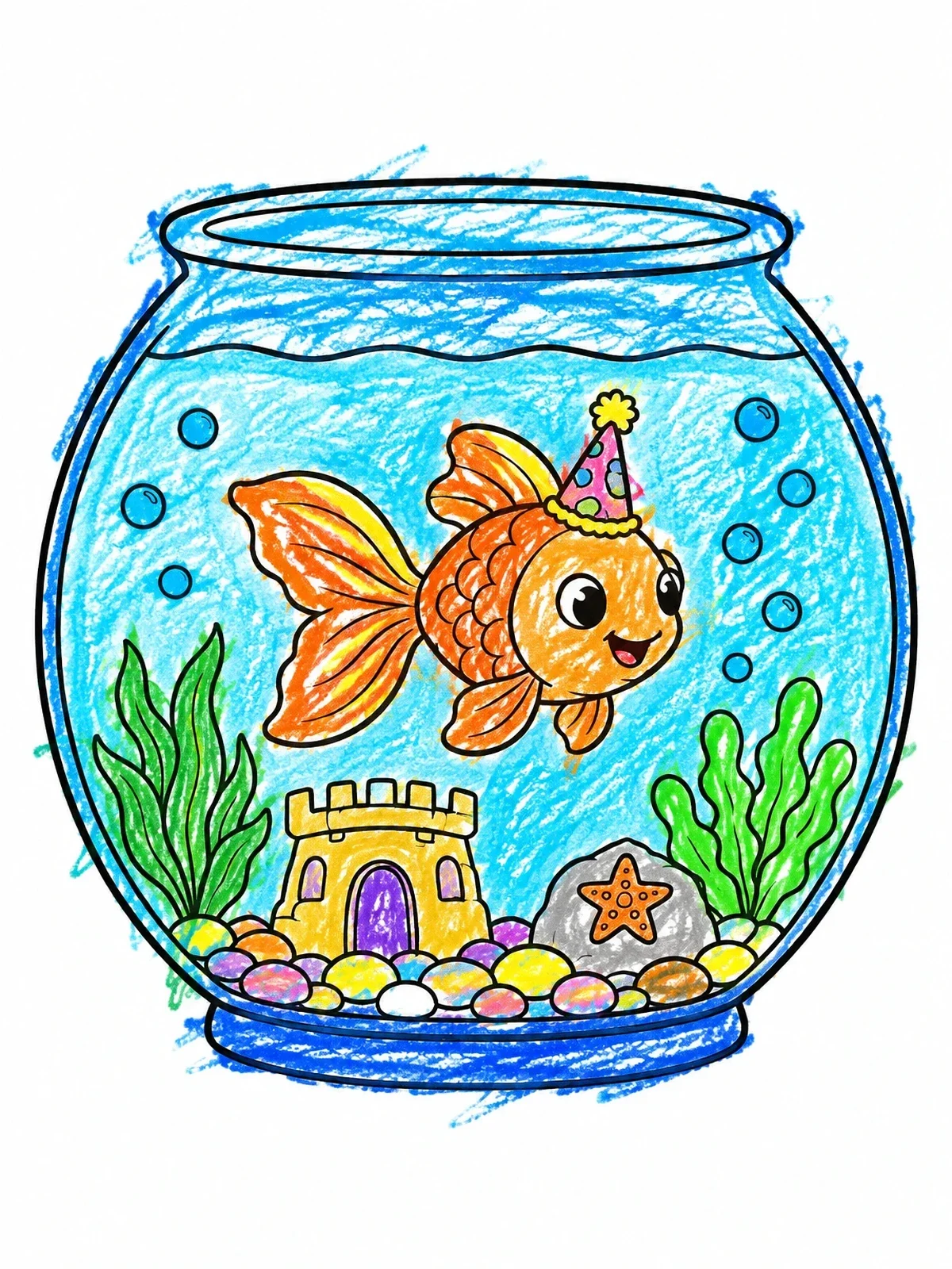 Colored example of the Party Goldfish In A Fishbowl coloring page