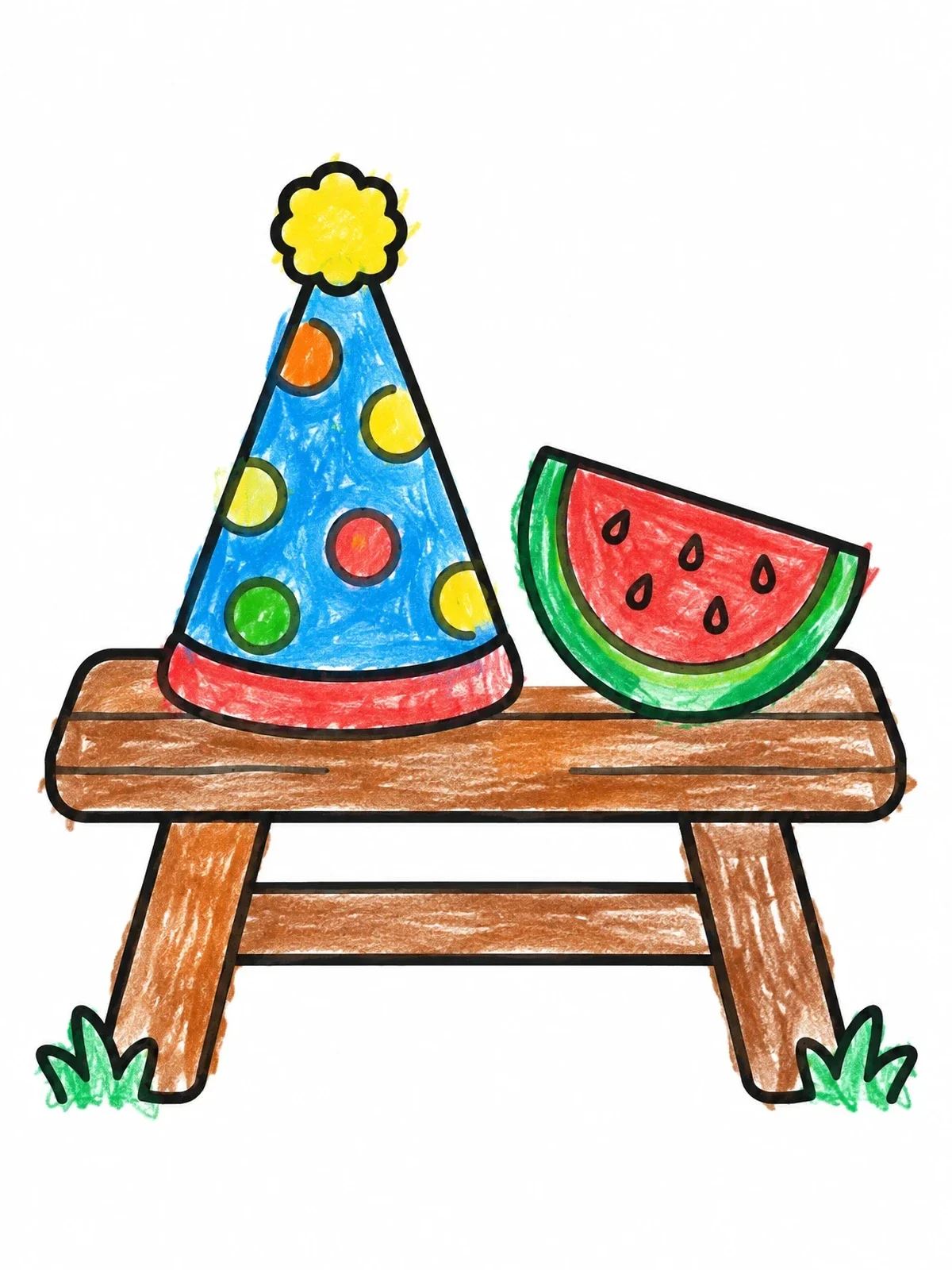 Colored example of the Party Hat And Watermelon On Bench coloring page