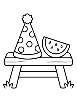 Free printable Party Hat And Watermelon On Bench coloring page