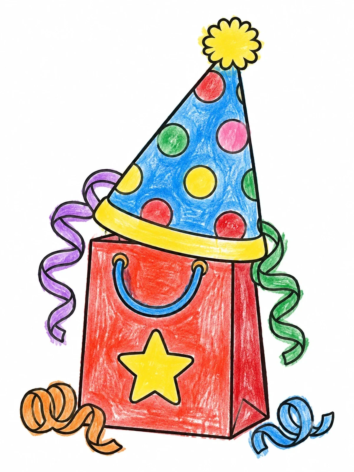 Colored example of the Party Hat On Gift Bag coloring page
