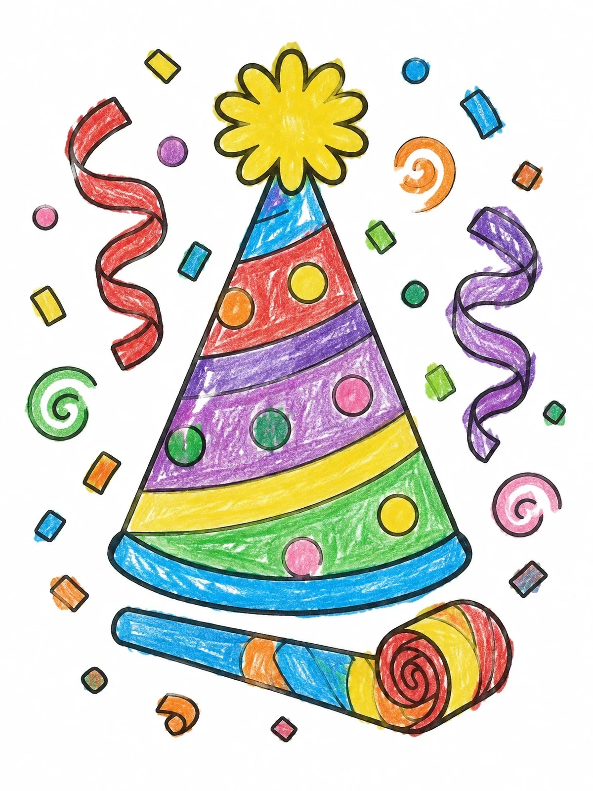 Colored example of the Party Hat With Horn And Confetti coloring page