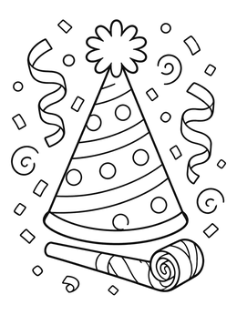 A festive party hat coloring page with streamers, a party blowout, and swirling confetti.